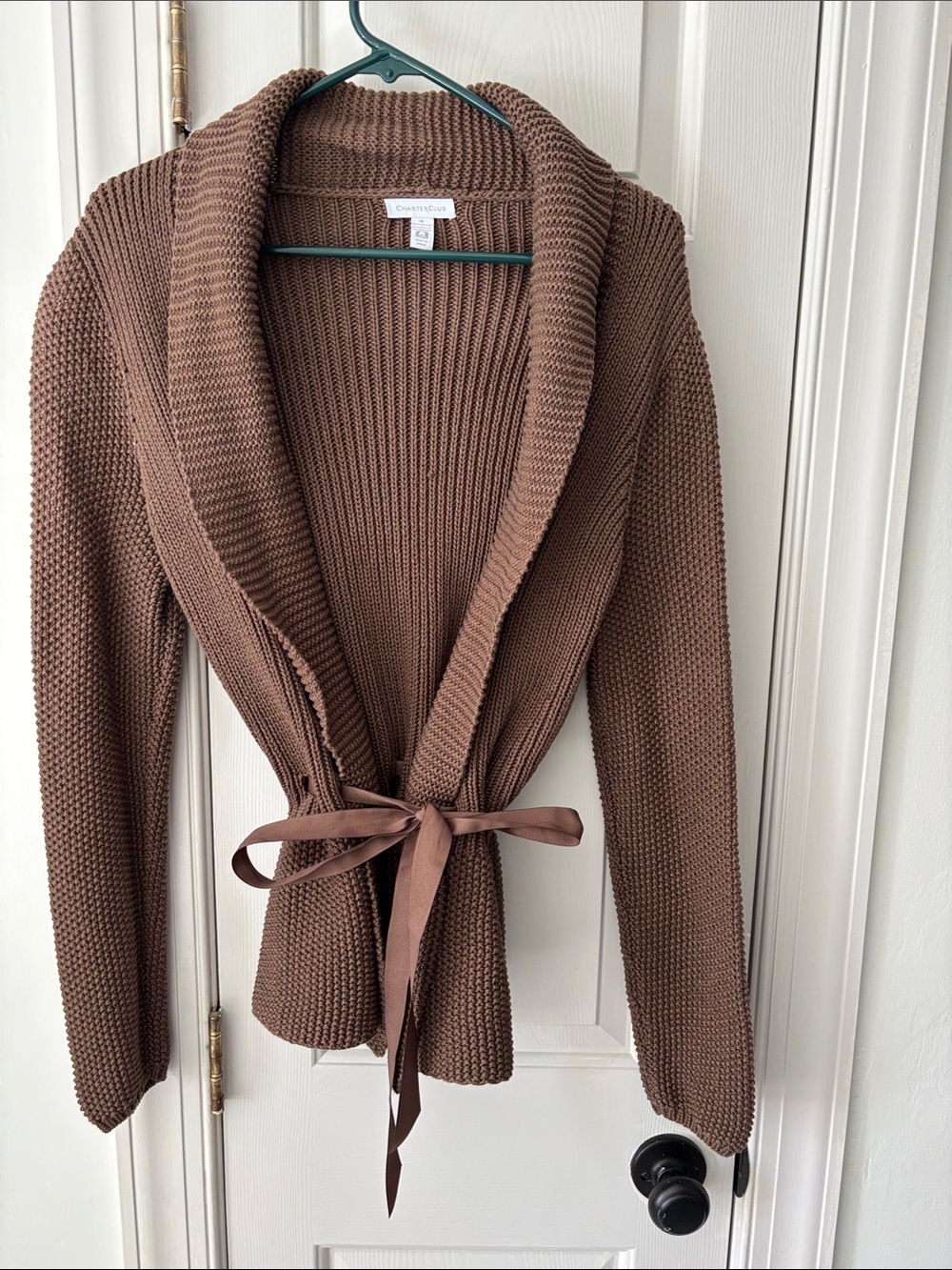Charming Charlie Brown Textured Shawl Collar Knit Cardigan with Tie